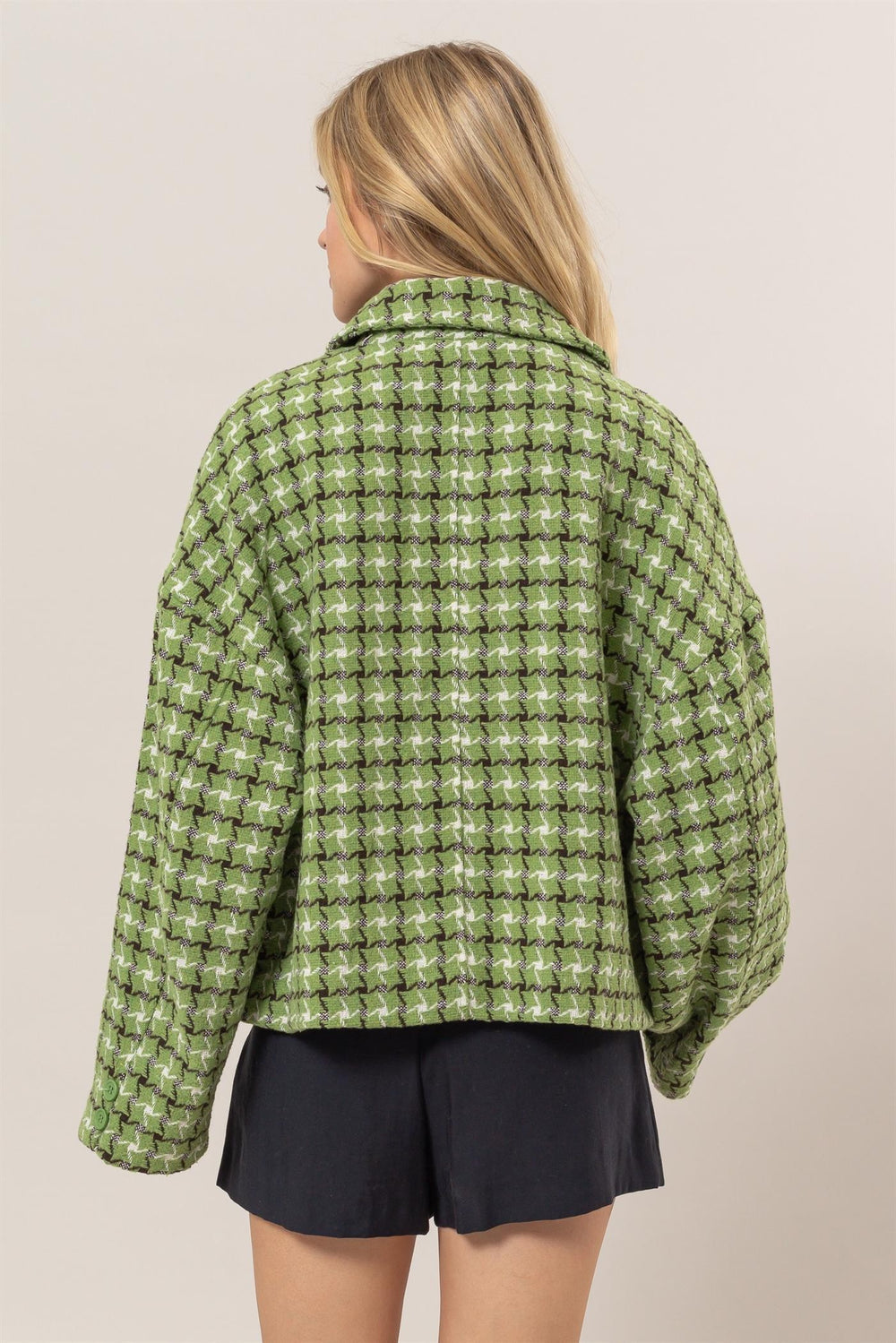 Green Hyfve Tweed Plaid Button Up Collared Neck Jacket 1