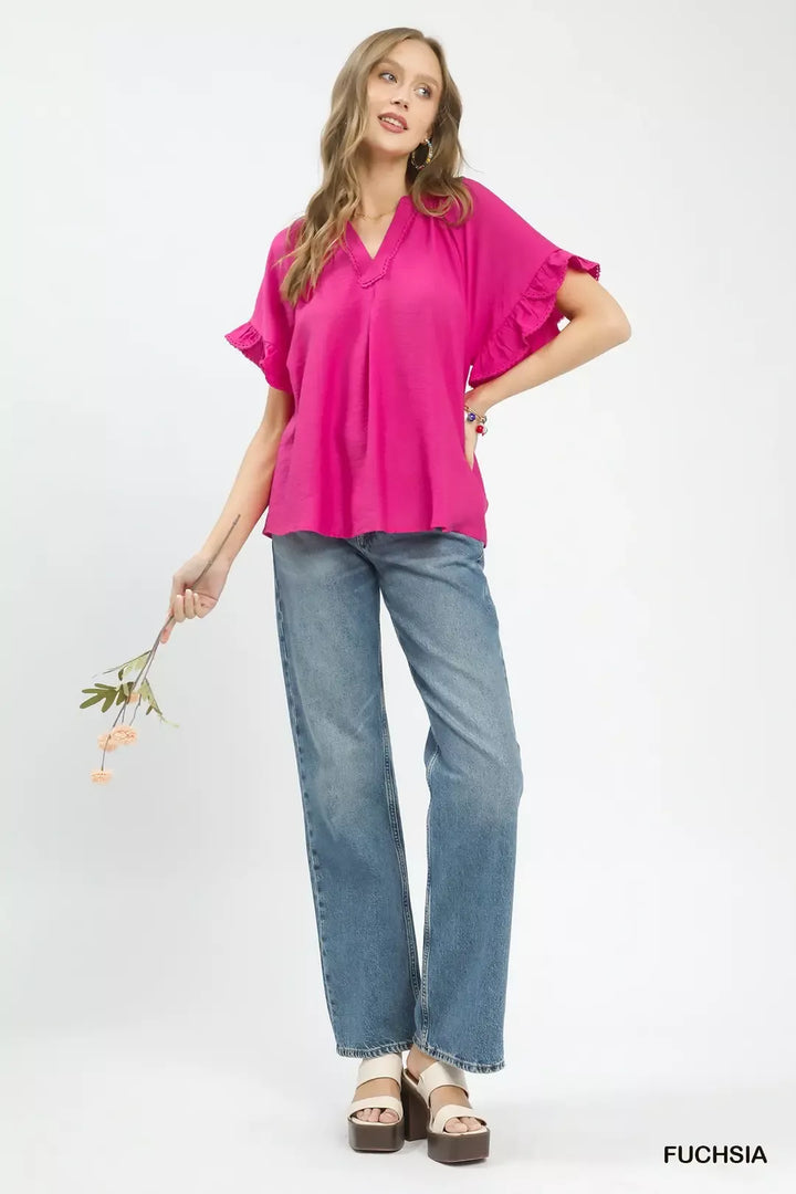 Umgee Ruffle Sleeve V Neck Flutter Blouse