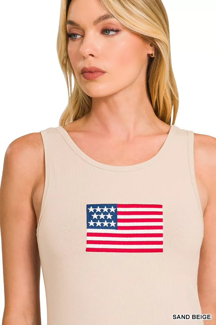 Sand Beige Zenana Double Scoop American Flag Embroidered Tank Top