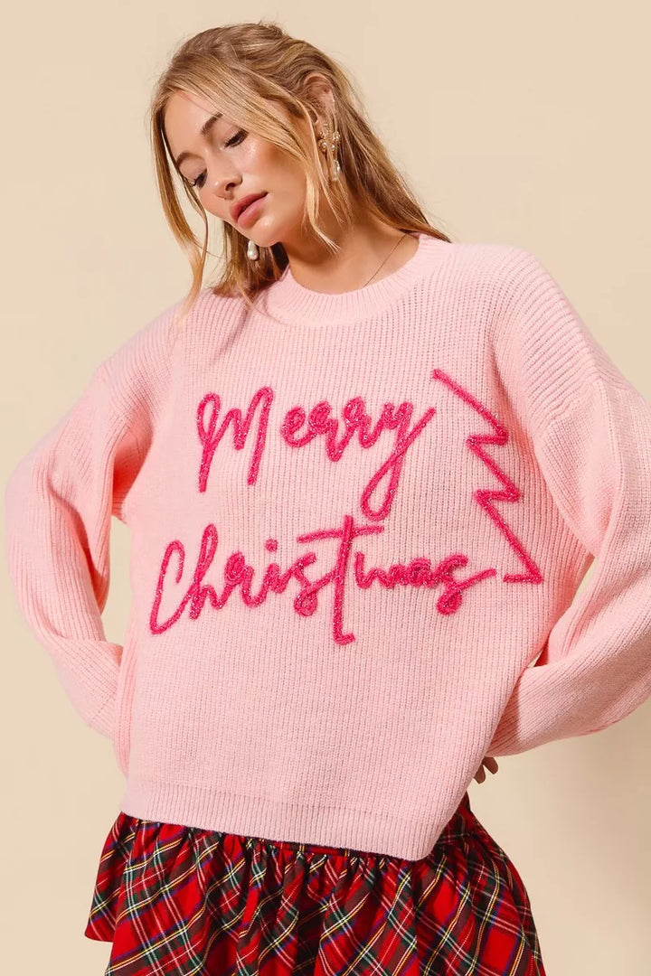 Blush/Pink So Me Merry Christmas Tinsel Lettering Sweater