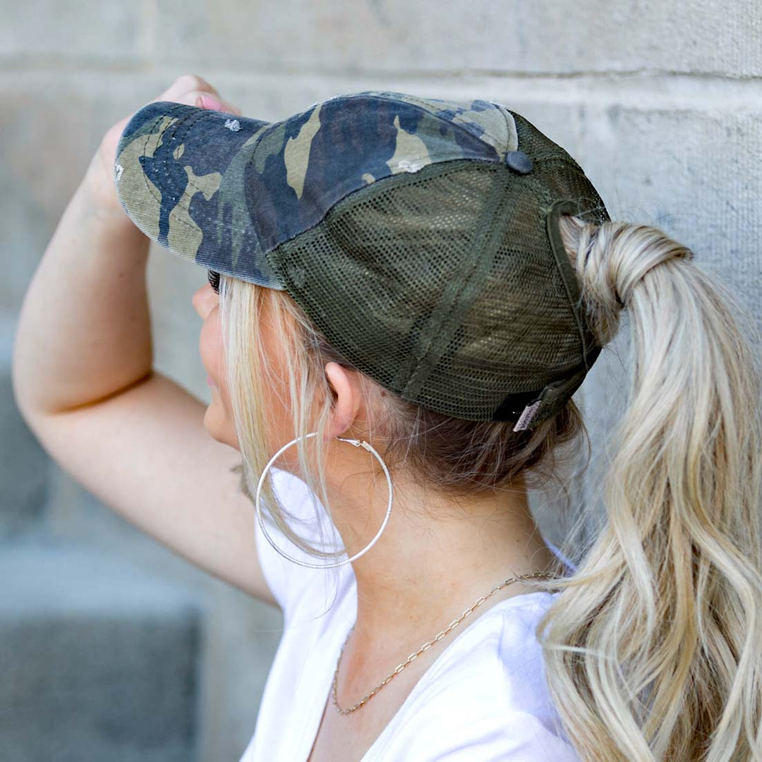 Gray Distressed Messy Bun Caps Adjustable