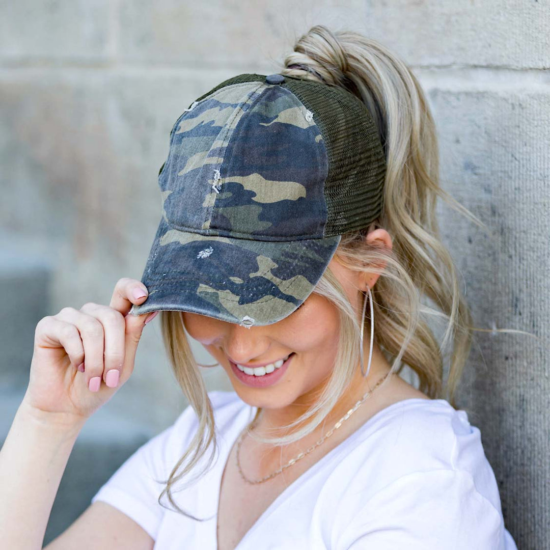 Black Distressed Messy Bun Caps Adjustable