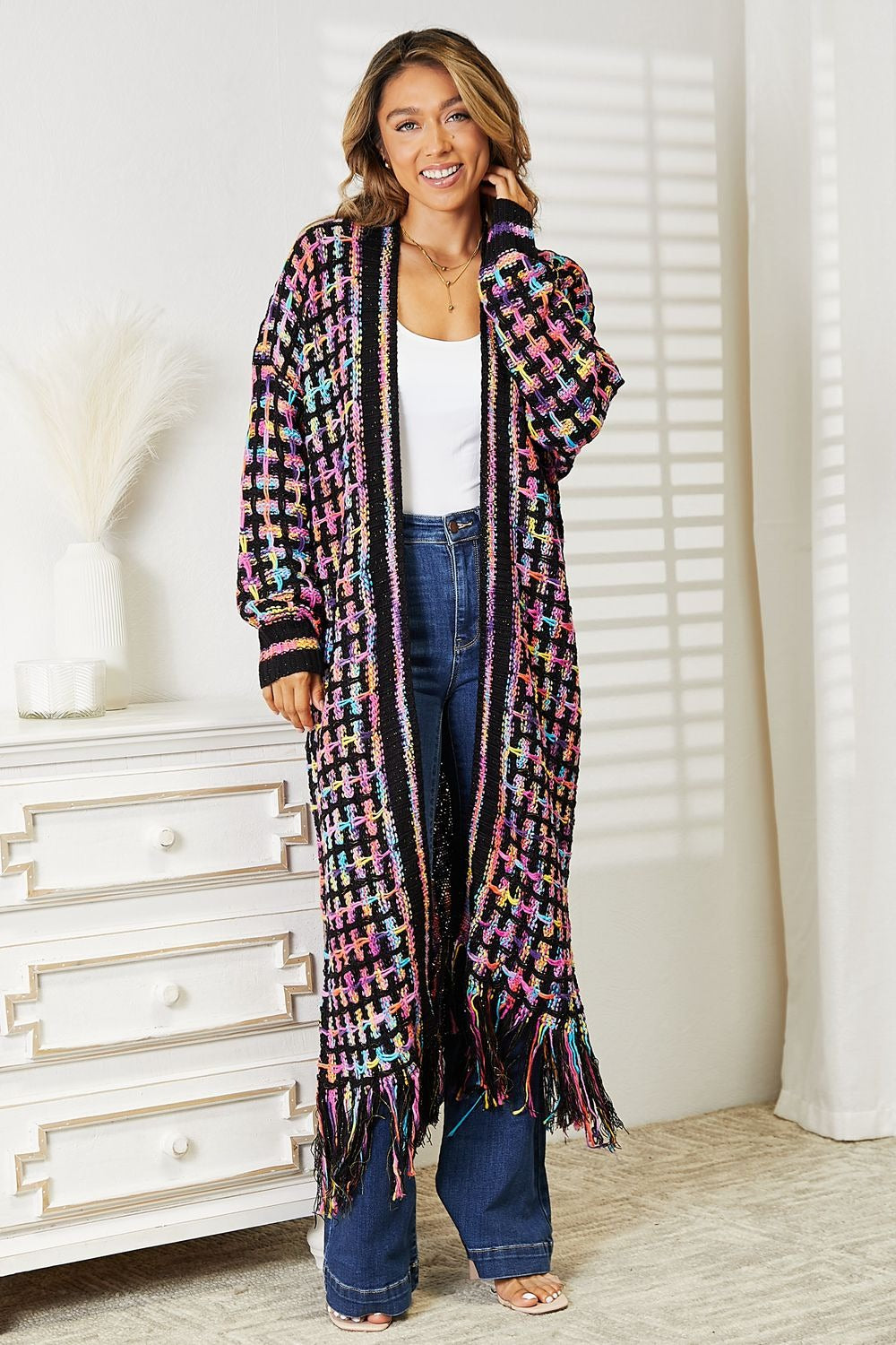 Multicolor Angel Wings Full Size Multicolored Open Front Fringe Hem Cardigan