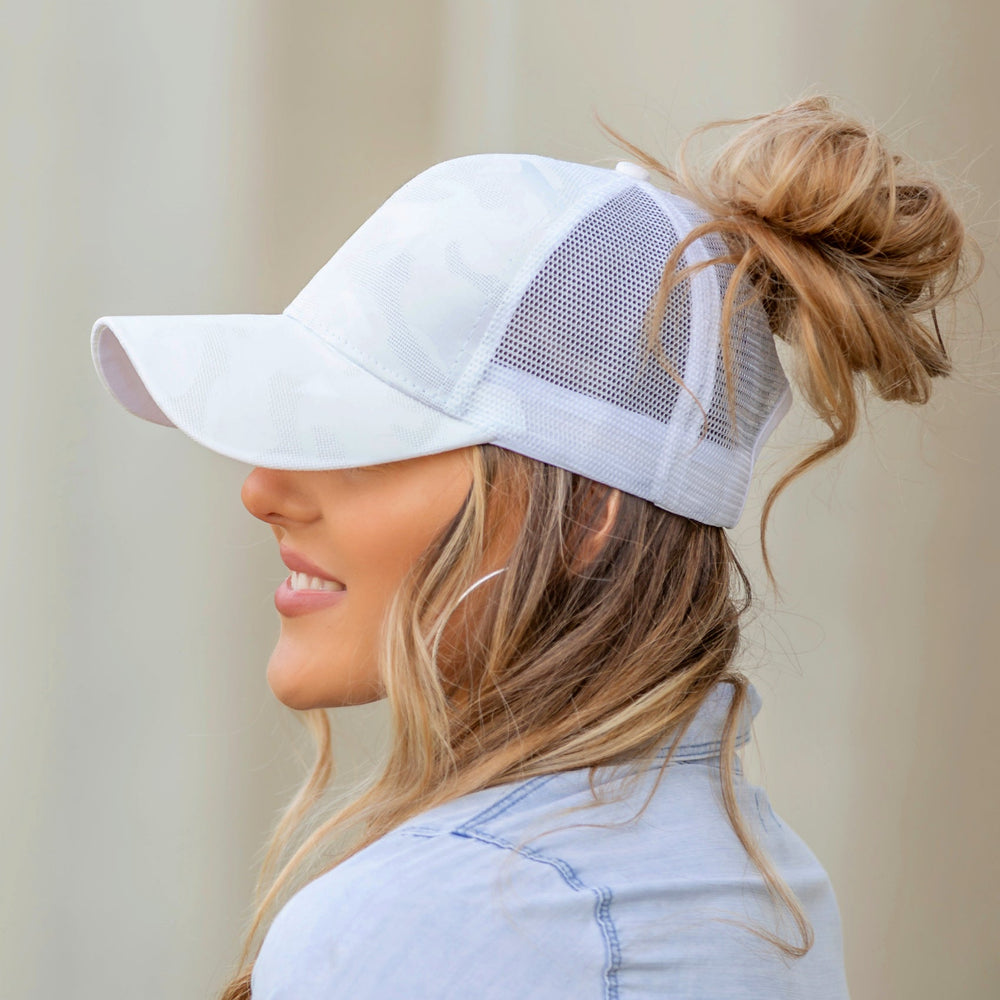 Gray Camo Messy Bun Cap 1