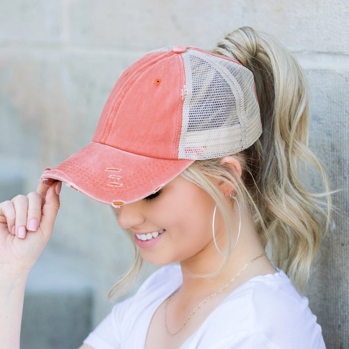 Berry Distressed Messy Bun Hat Cap 1