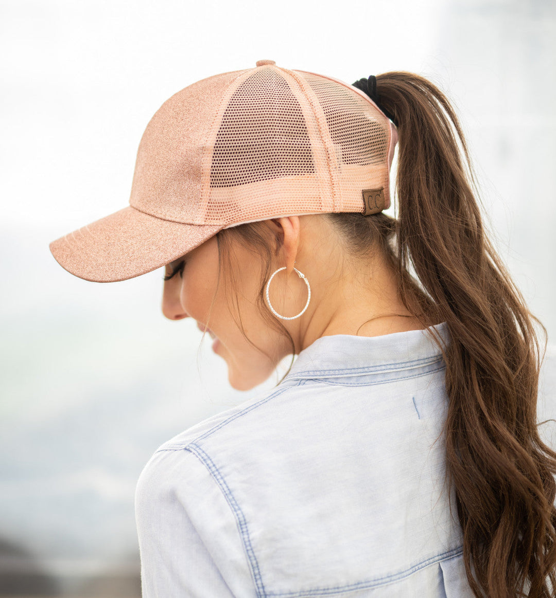 Pink C C Glitter Messy Bun Hats