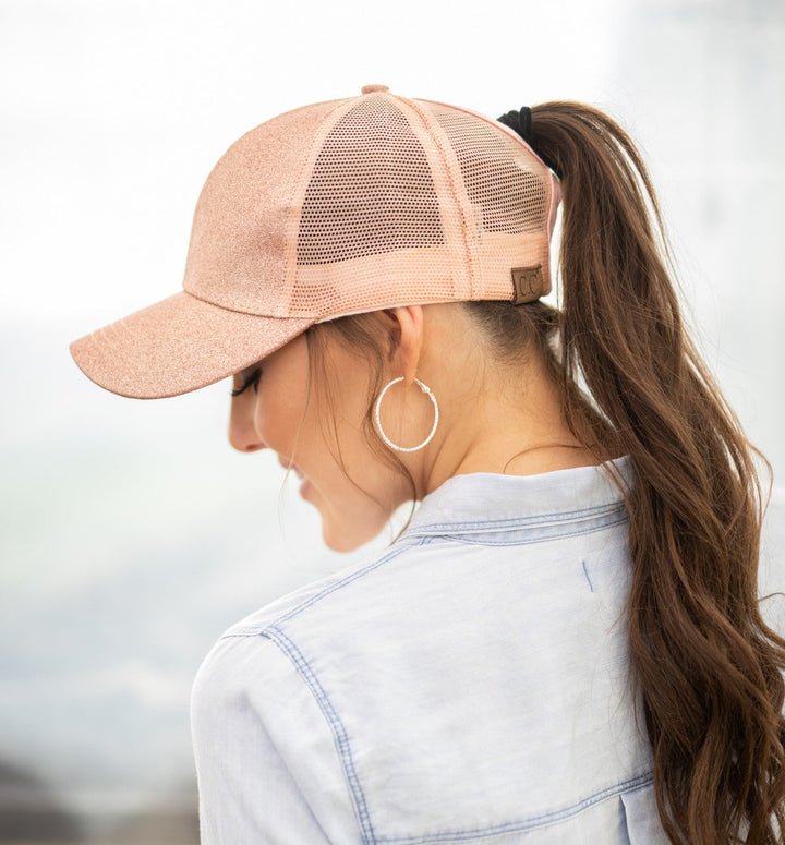 Pink C C Glitter Messy Bun Hats