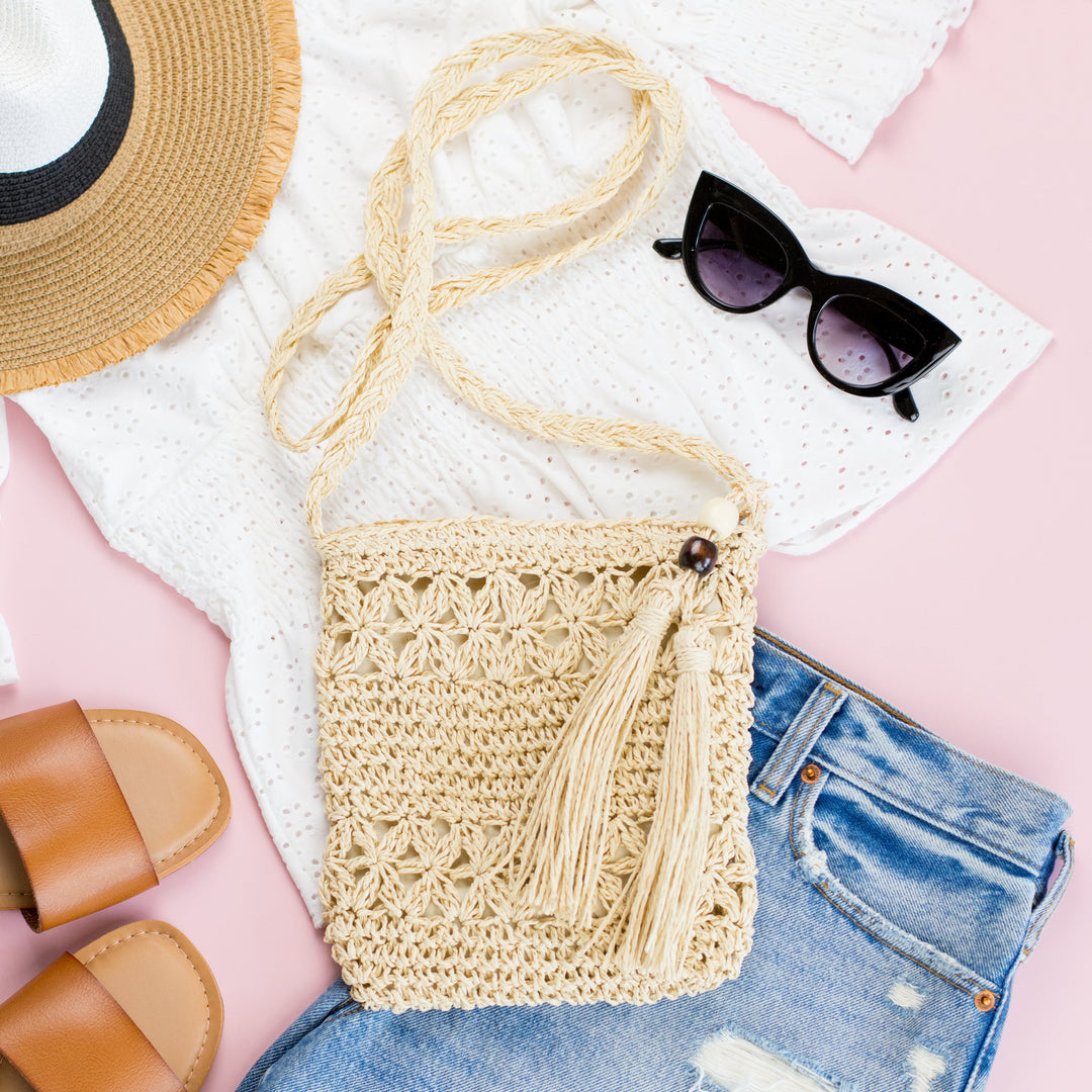 Woven Straw Tassel Accent Crossbody Bag 1