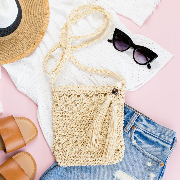 Woven Straw Tassel Accent Crossbody Bag 1