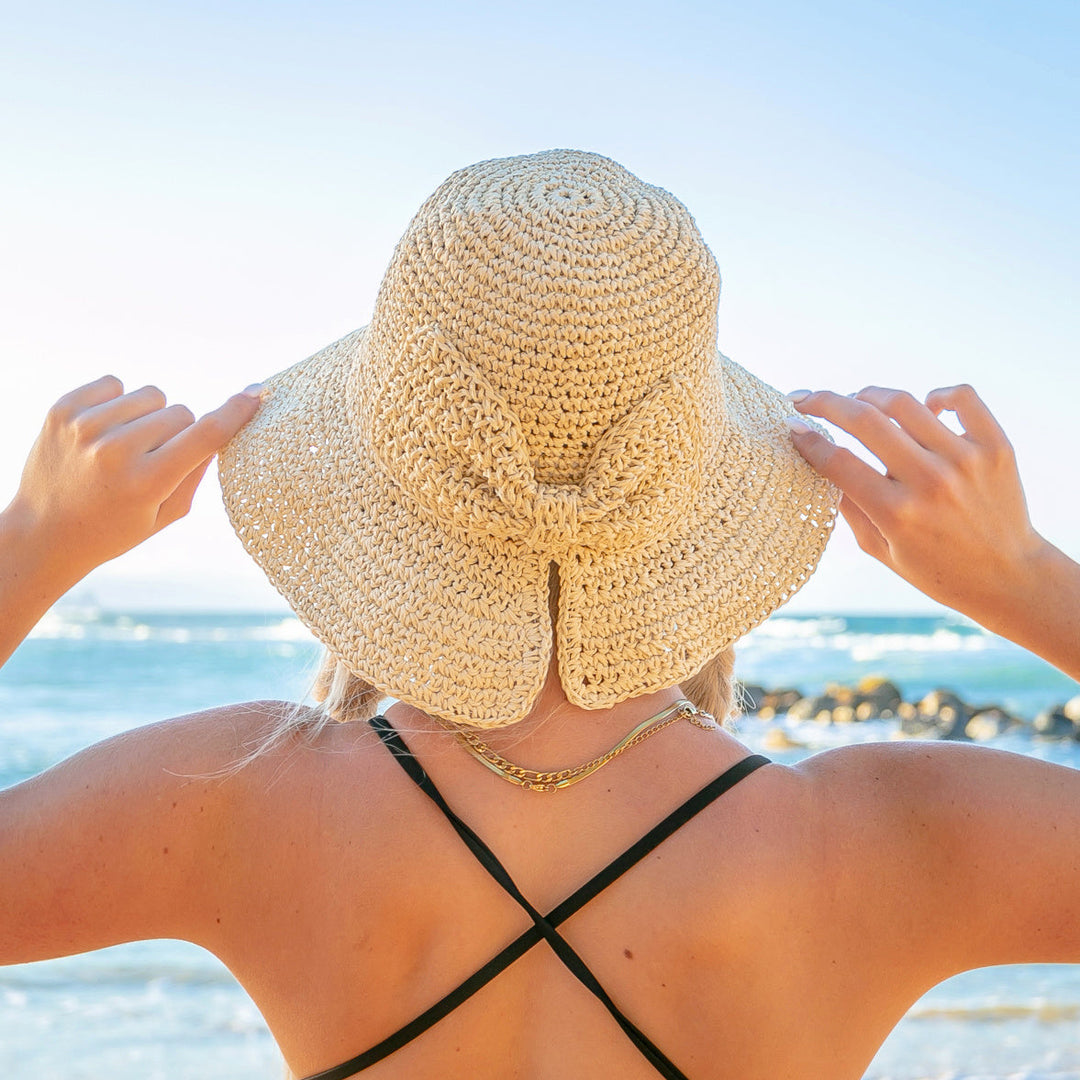 Navy Bow Accent Straw Hat