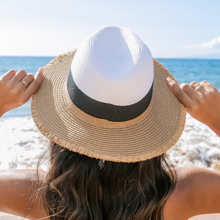 Khaki/Red/Straw Fray Edge Color Block Panama Hat