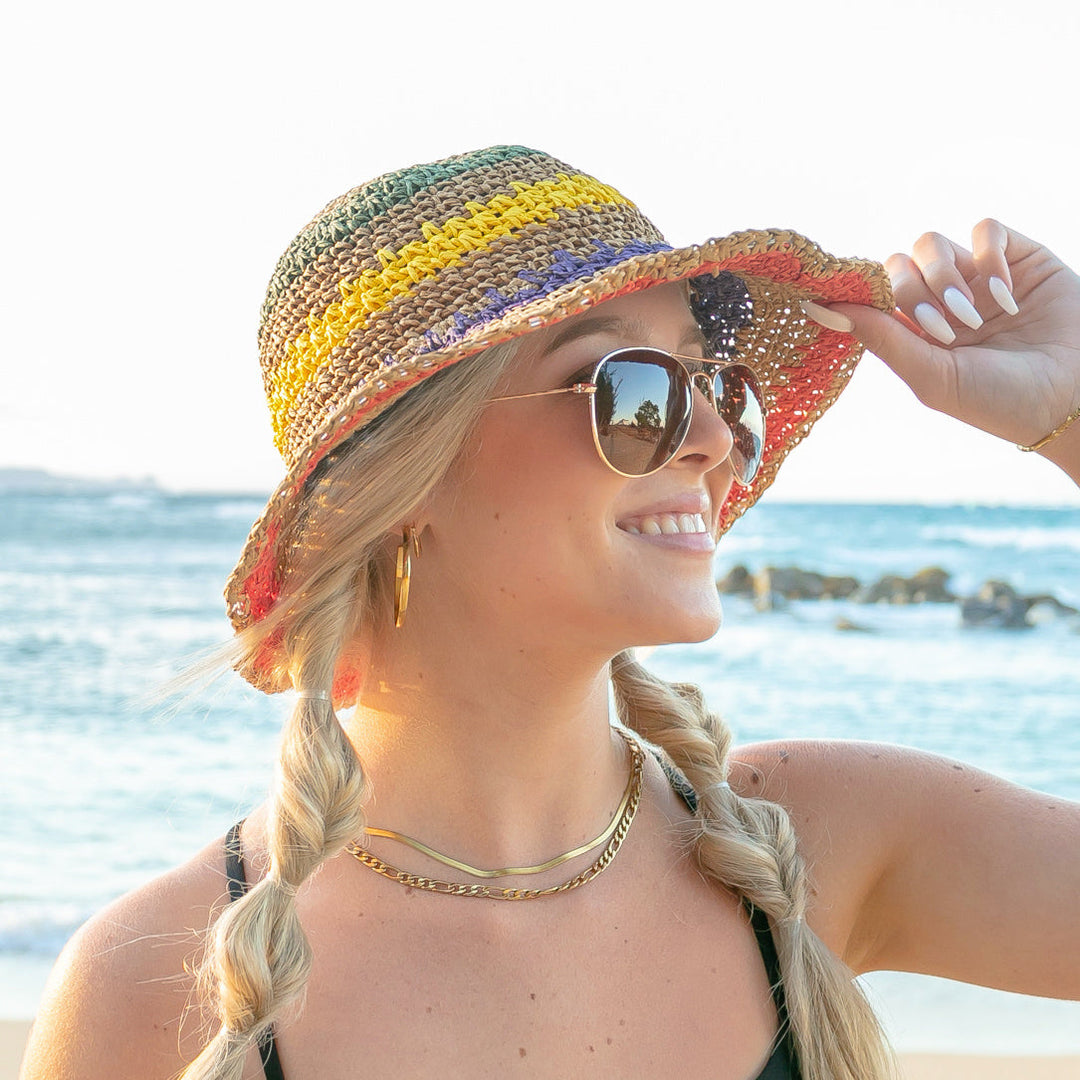 Rainbow Woven Straw Bucket Hat 1