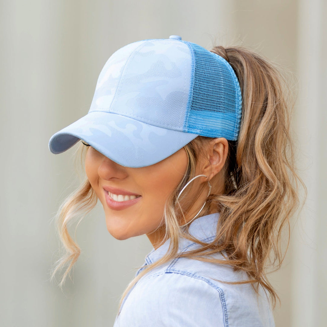 Light Blue Camo Messy Bun Cap 1