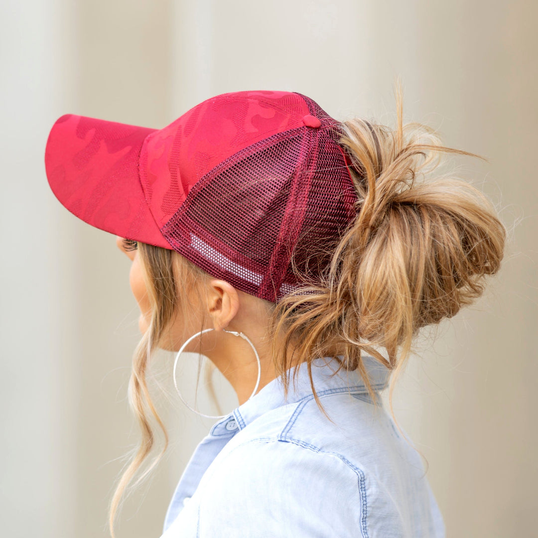 Wine Camo Messy Bun Cap 1