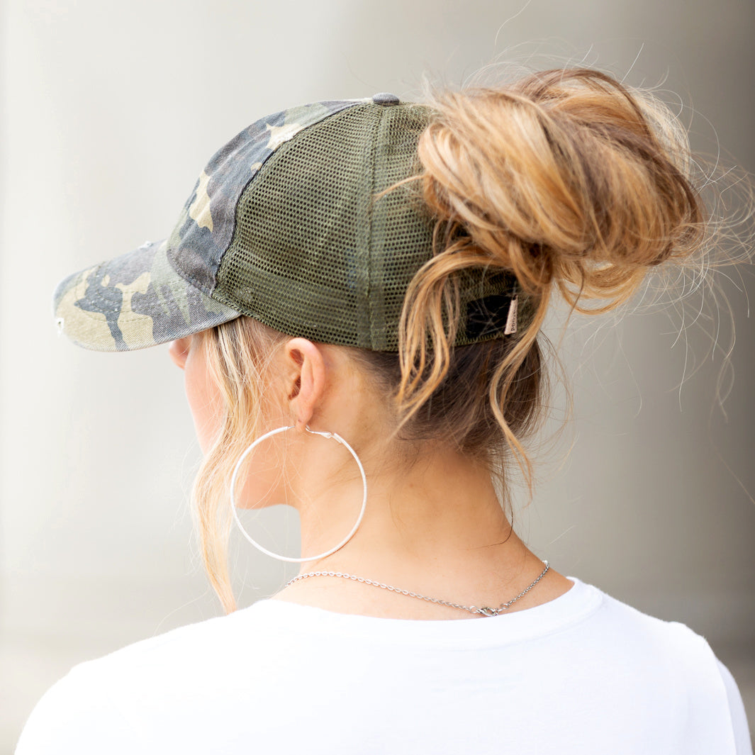 Distressed Messy Bun Caps Adjustable
