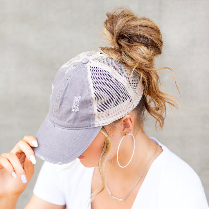 Distressed Messy Bun Caps Adjustable