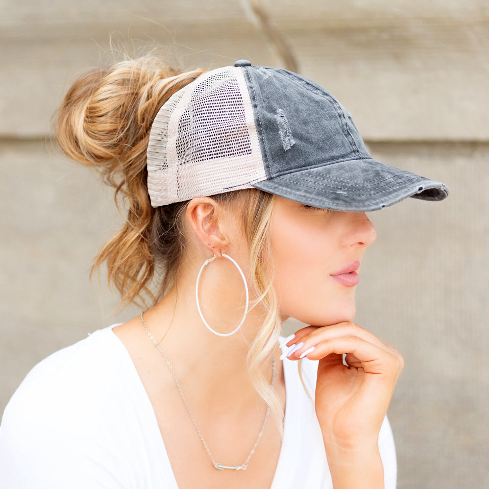 Distressed Messy Bun Caps Adjustable