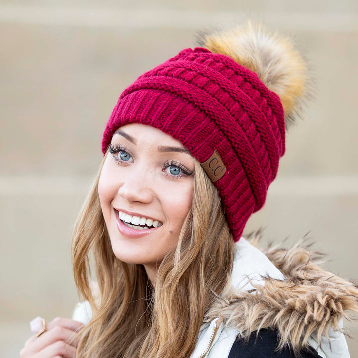 Black C C® Fur Pom Beanies