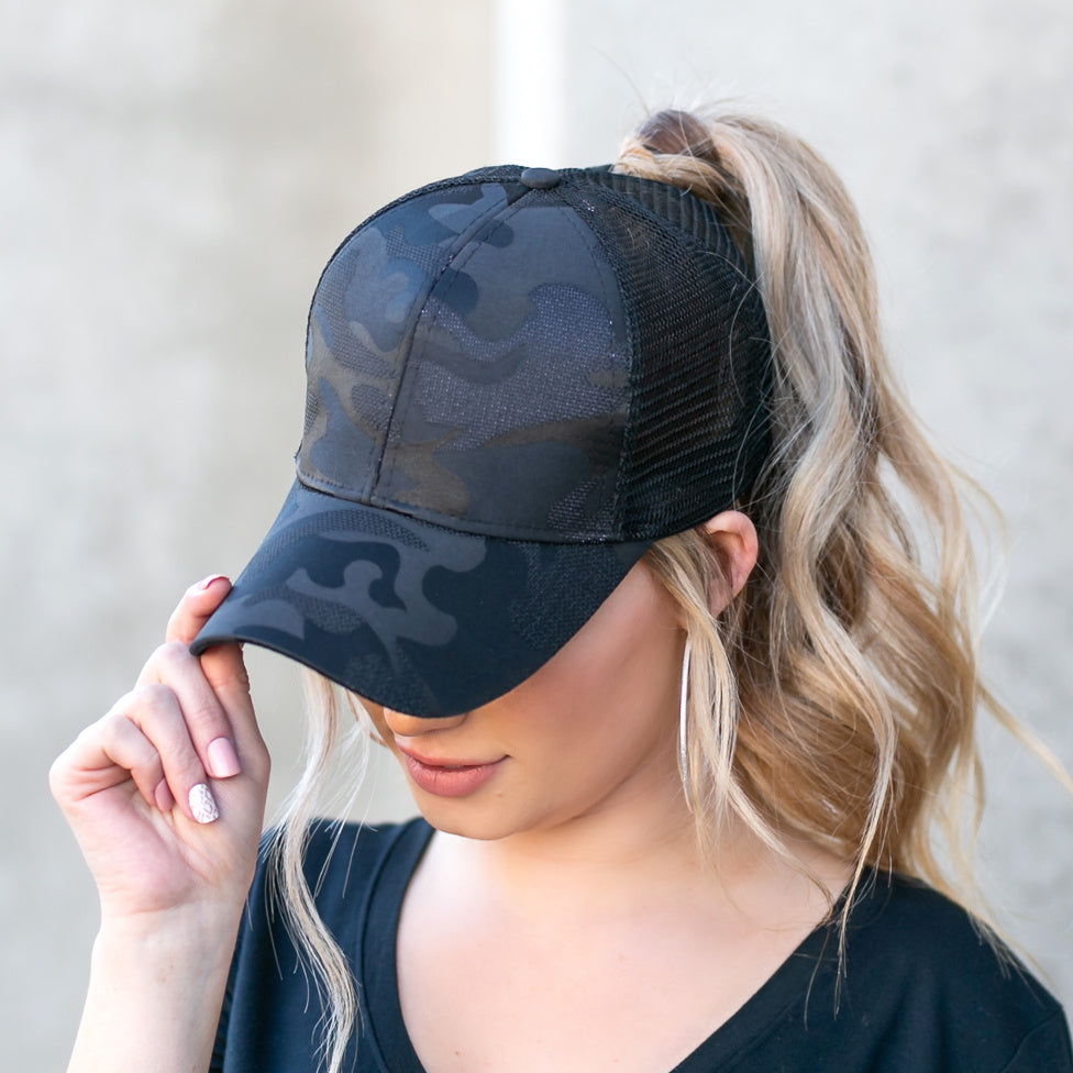 Black Camo Messy Bun Cap 1