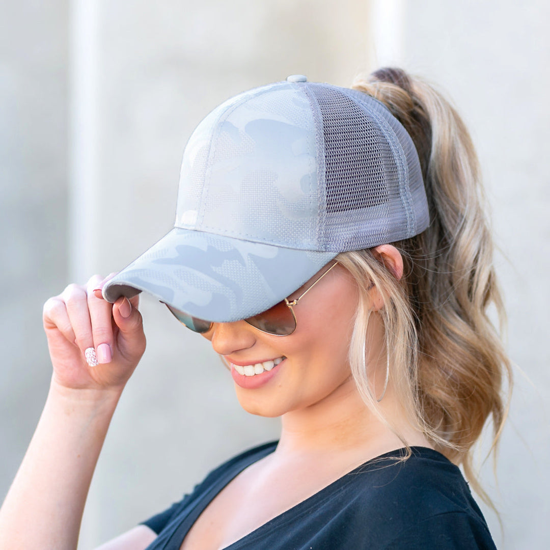 White Camo Messy Bun Cap 1