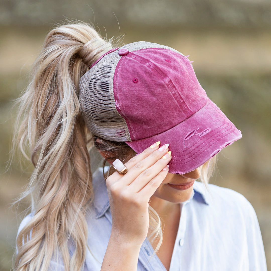 Navy Distressed Messy Bun Hat Cap 1