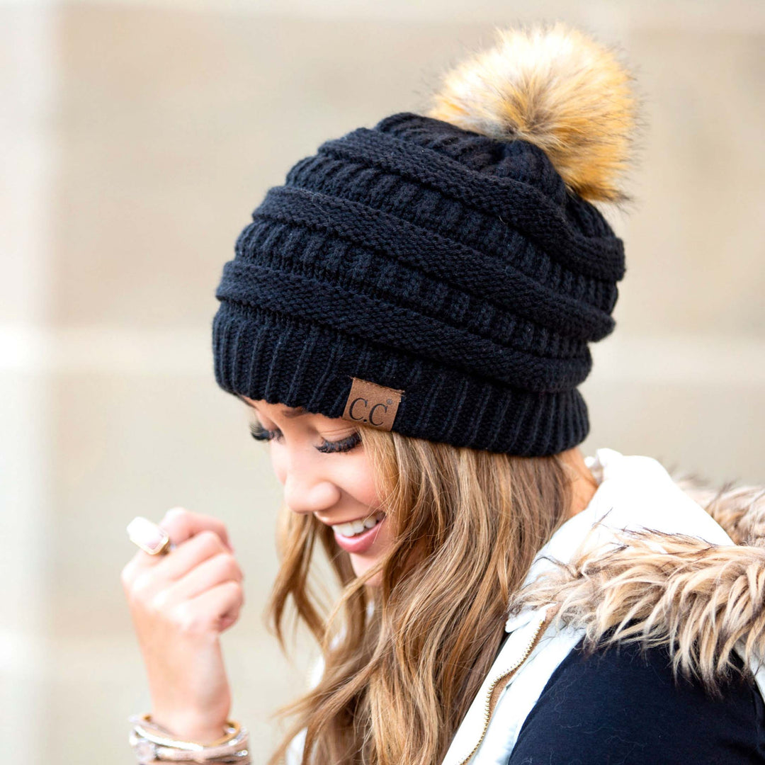 Light Melange Gray C C® Fur Pom Beanies