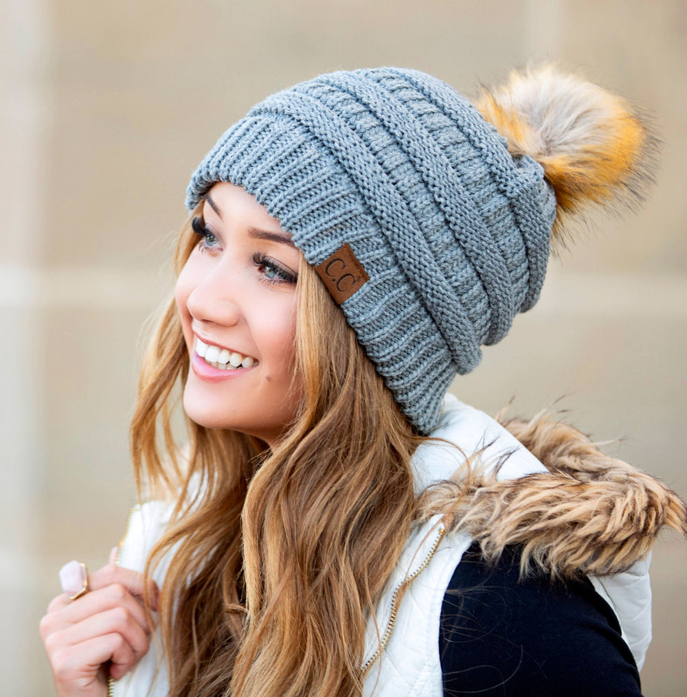 Burgundy C C® Fur Pom Beanies