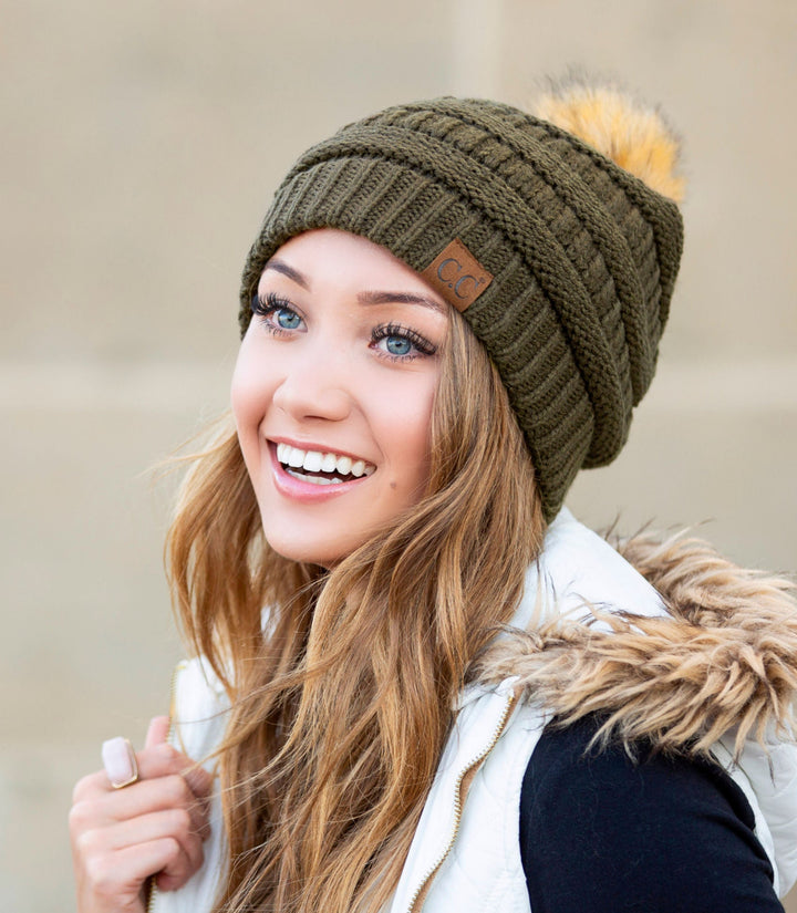 Dark Melange Gray C C® Fur Pom Beanies