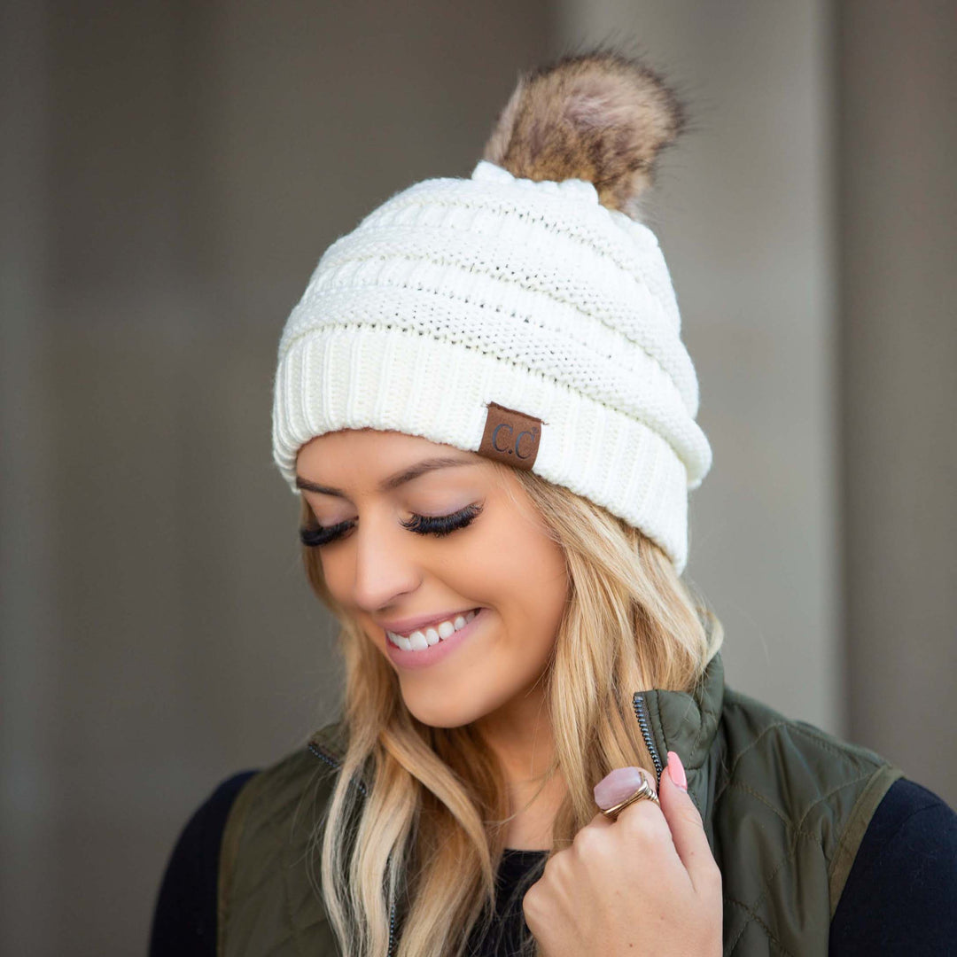 Ivory C C® Fur Pom Beanies