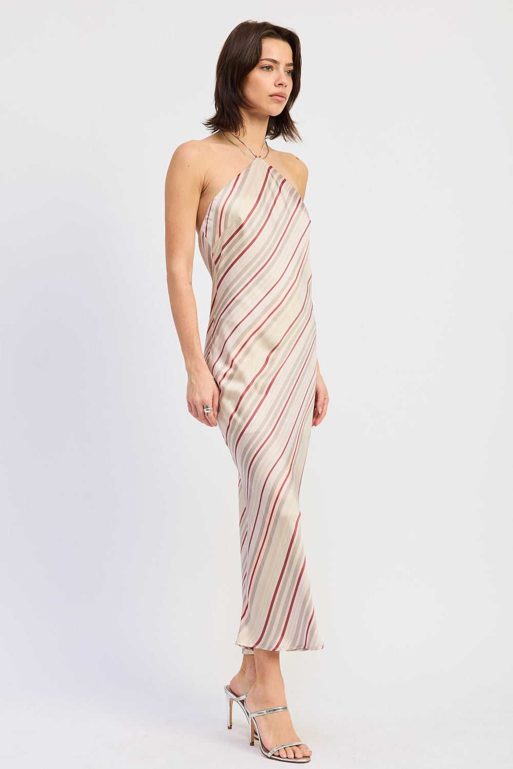 Grey Berry Stripe Dulcie Midi Halter Dress