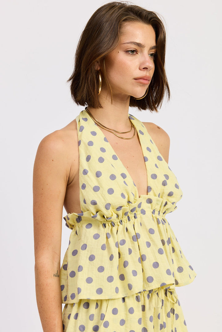 Butter Yellow Polka Pixie Halter Top