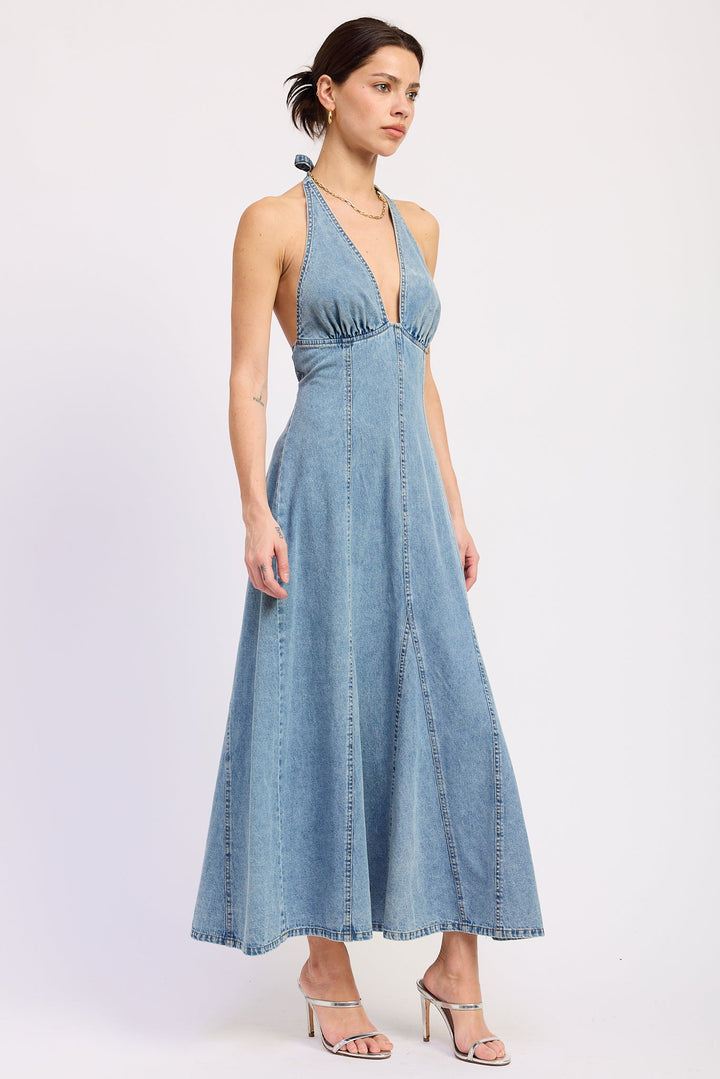 Light Denim Laurel Halter Denim Midi Dress