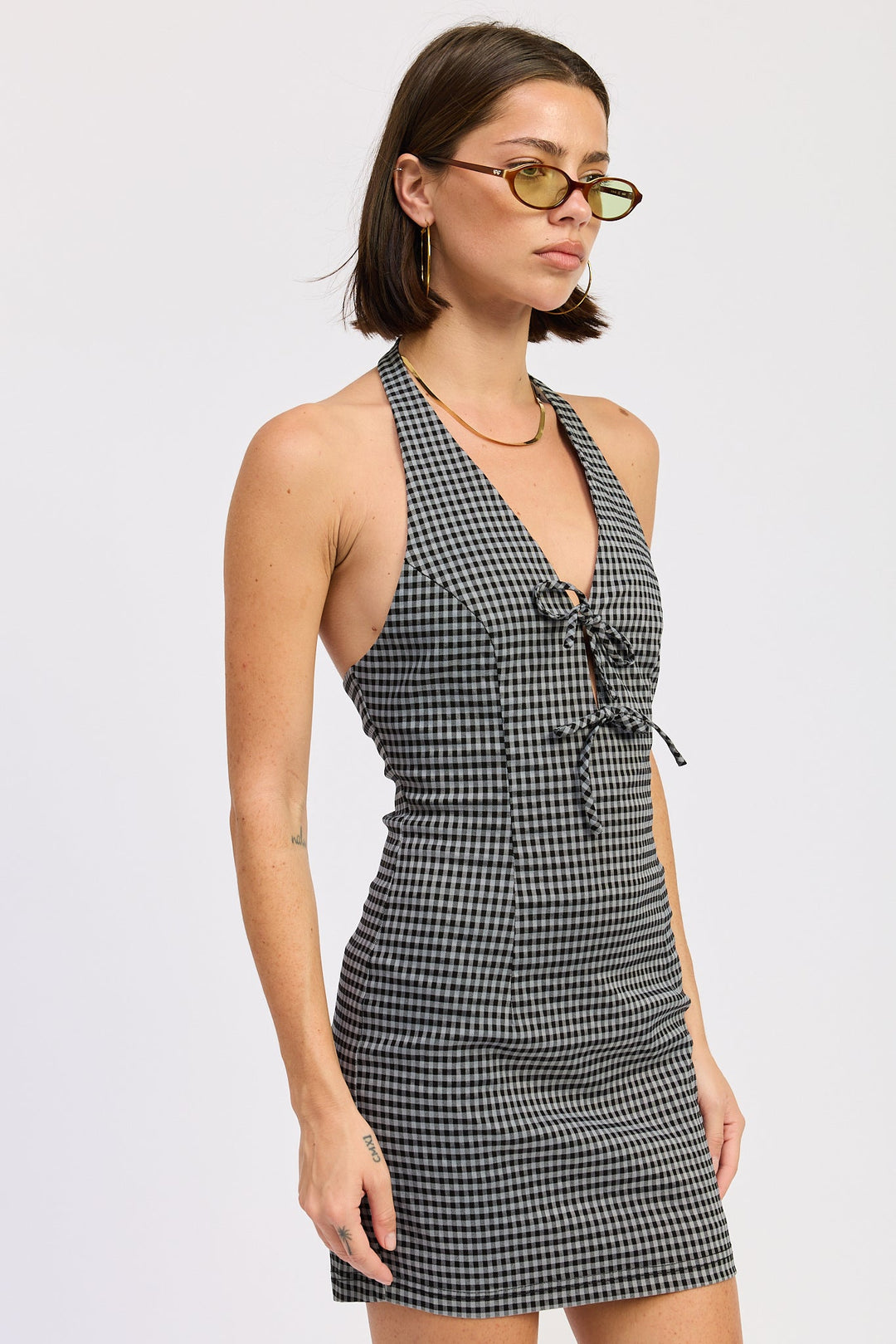 Black Gingham Lucienne Halter Mini Dress