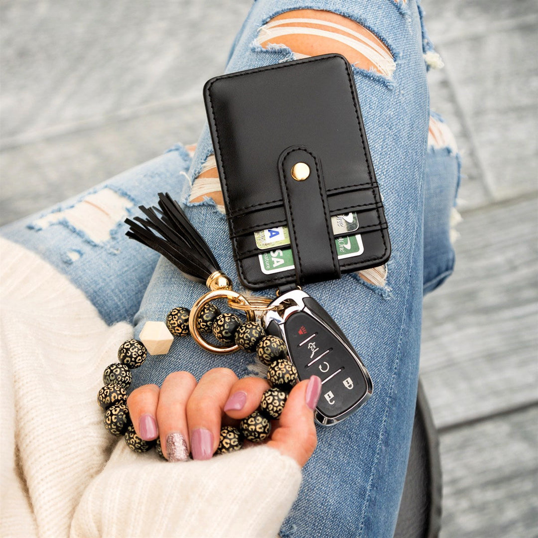 Indigo/Champagne Leopard Beaded Key Ring Wallet Bracelet