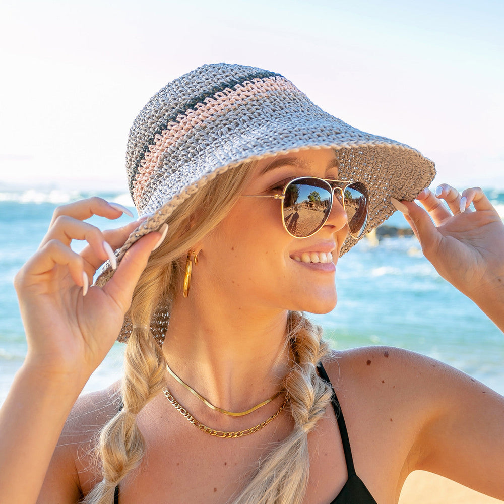 Gray Stripe Accent Straw Hat