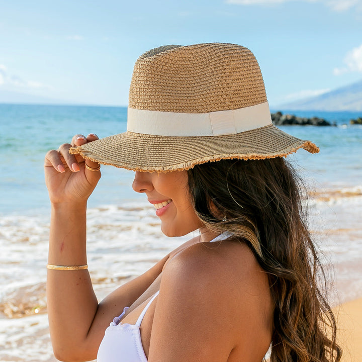 Cream Fray Edge Ribbon Accent Panama Hat