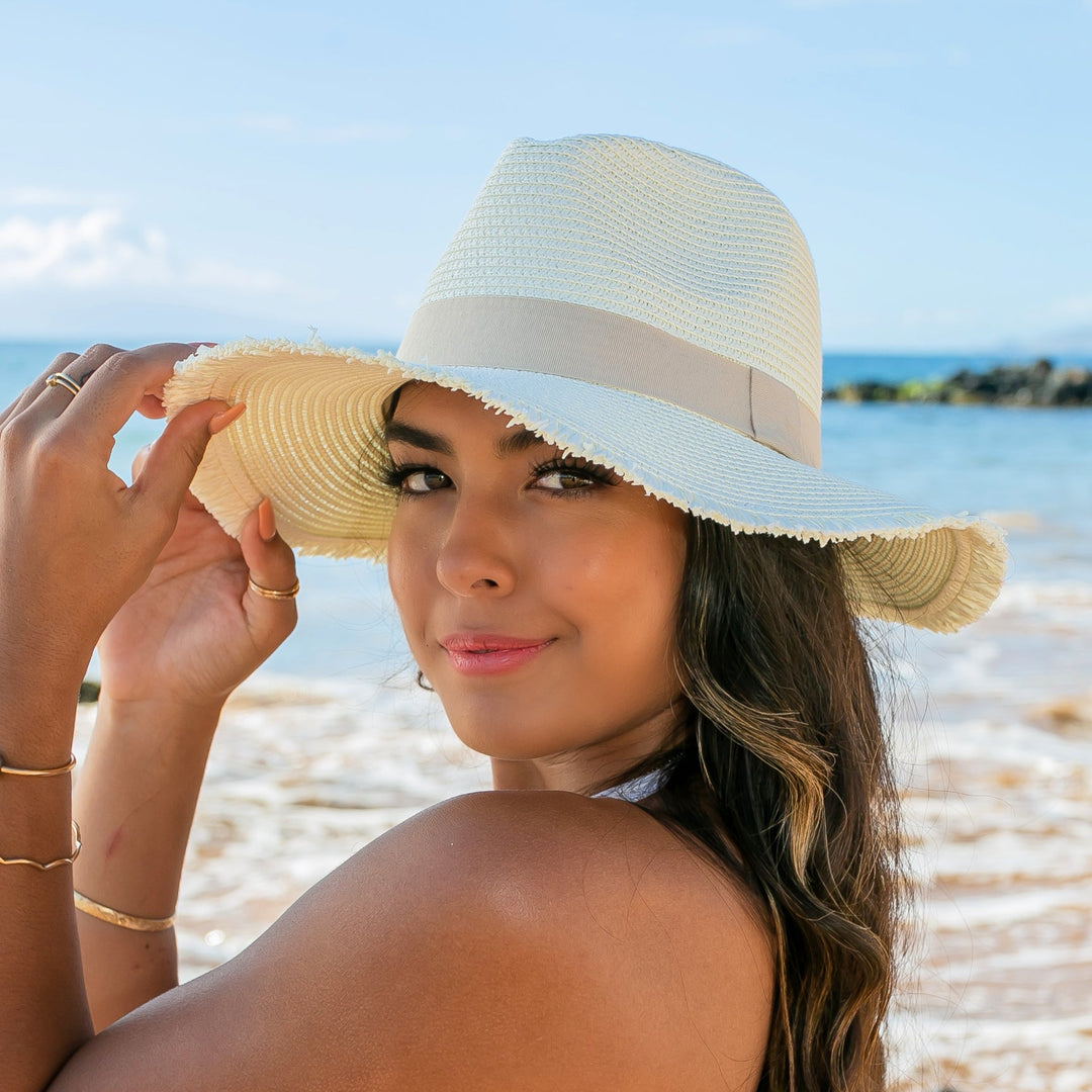Khaki Fray Edge Ribbon Accent Panama Hat