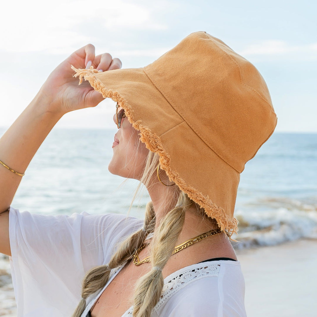 Camel Frayed Edge Canvas Bucket Hat 1