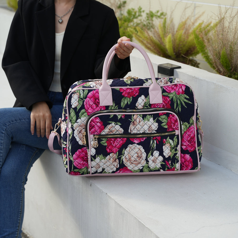 Floral Blue MKF Collection By Mia K Zoe Quilted Cotton Weekender And Crossbody Bag