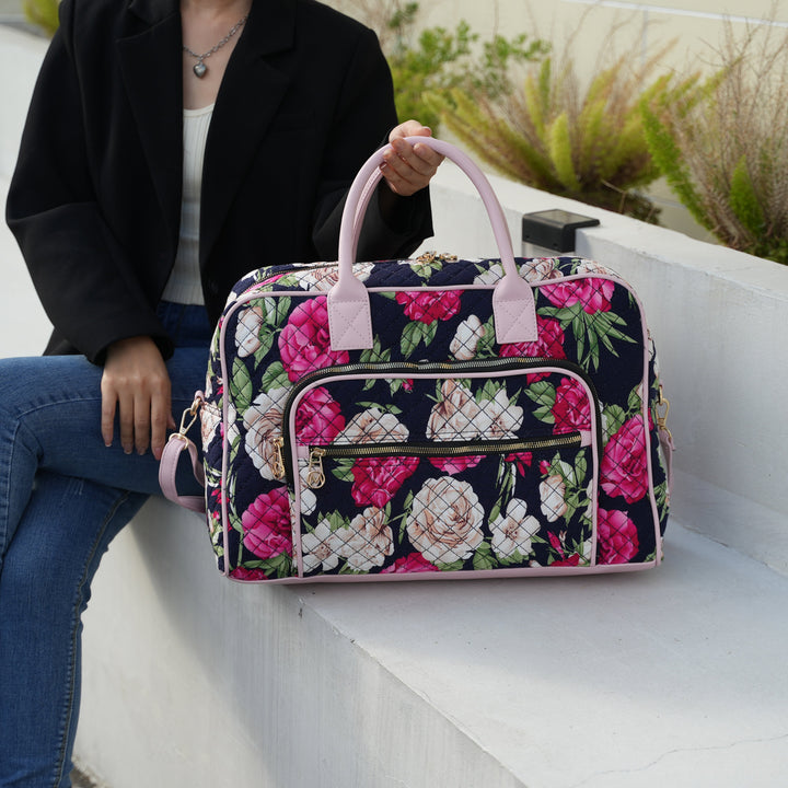 Floral Blue MKF Collection By Mia K Zoe Quilted Cotton Weekender And Crossbody Bag