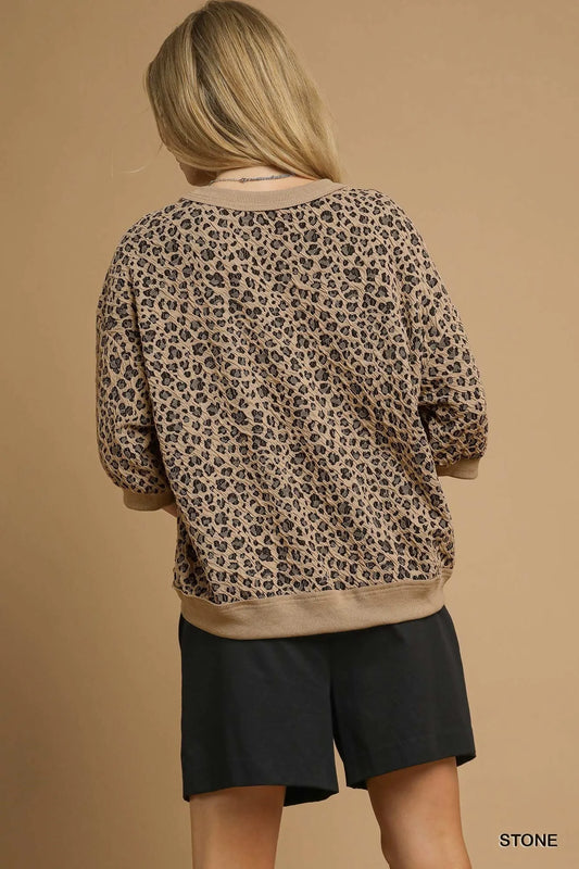Stone Umgee Leopard Knit Jacquard Puff Sleeve Sweatshirt