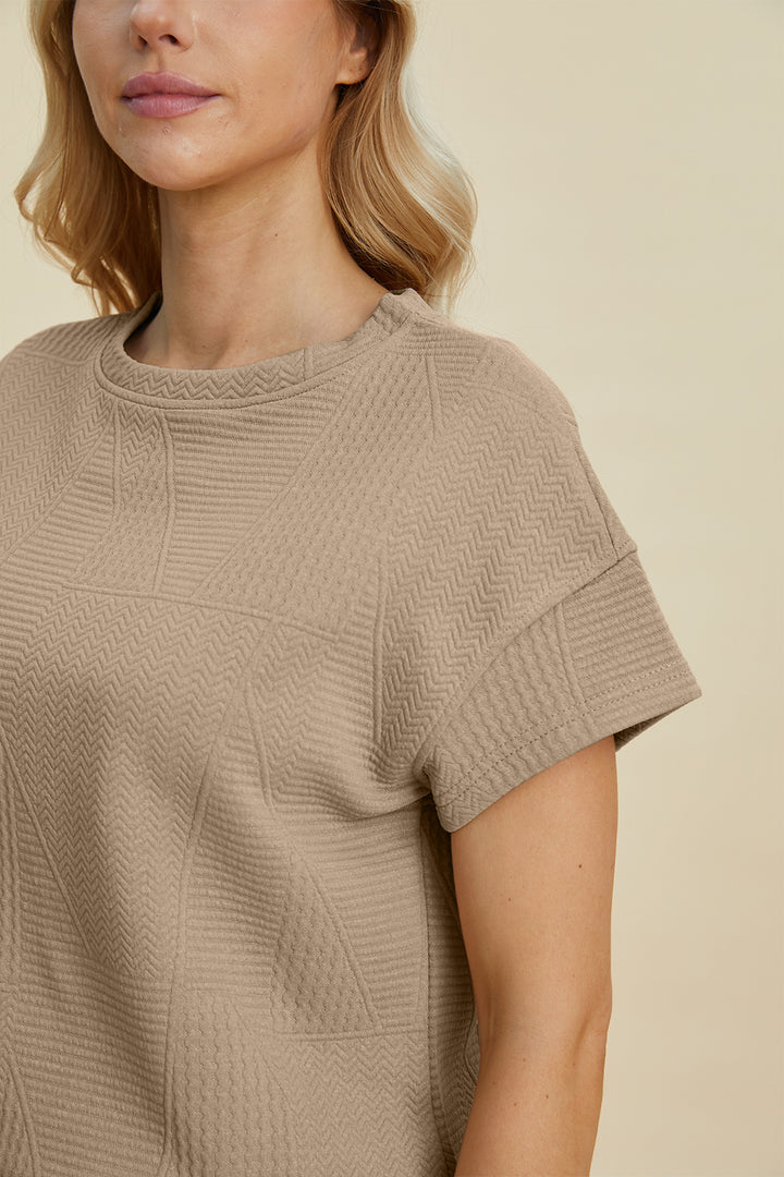 Gray Double Take Full Size Texture Short Sleeve Top And Shorts Set