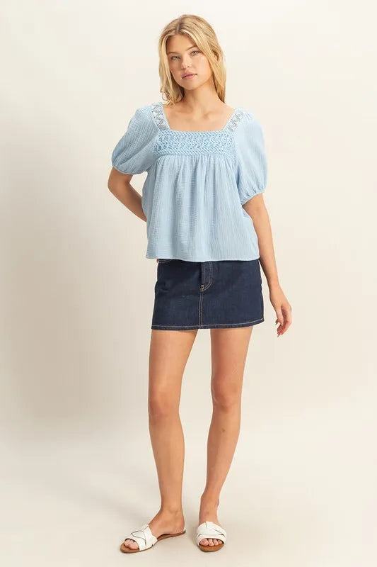Hyfve Crochet Detail Puff Sleeve Peasant Top 1