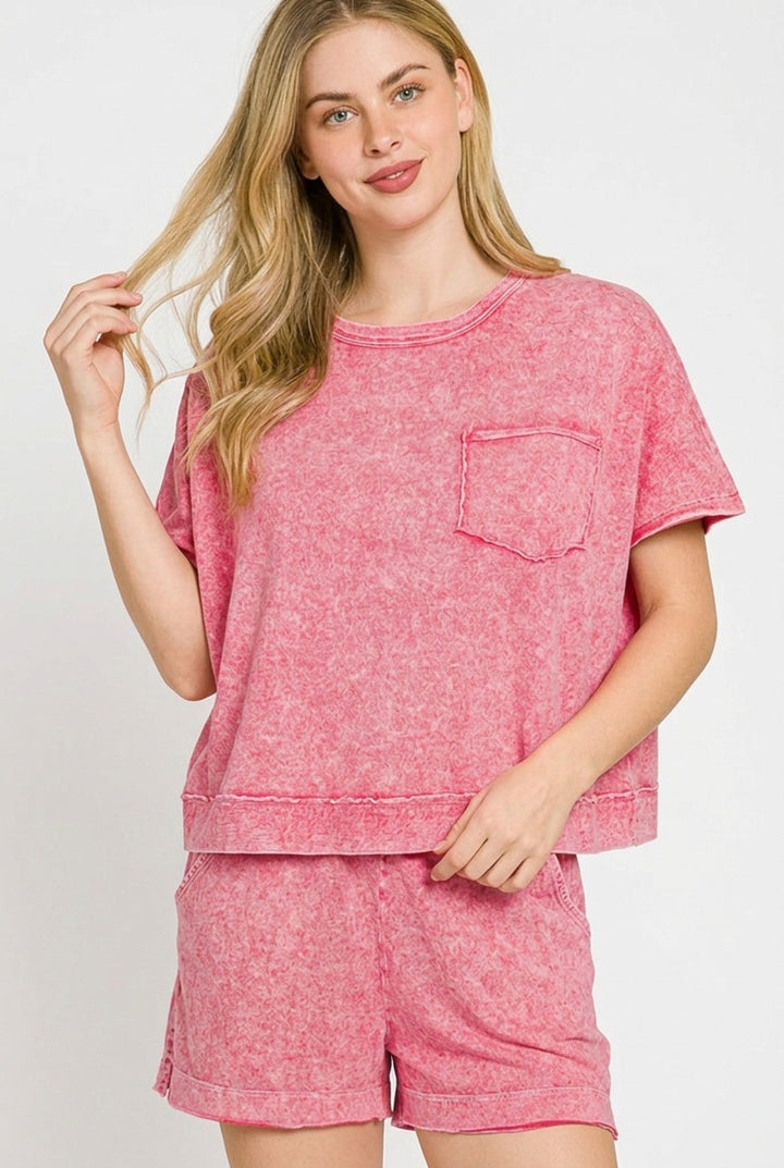 Red Zenana Halo Snow Washed Boxy Top Shorts Set 5