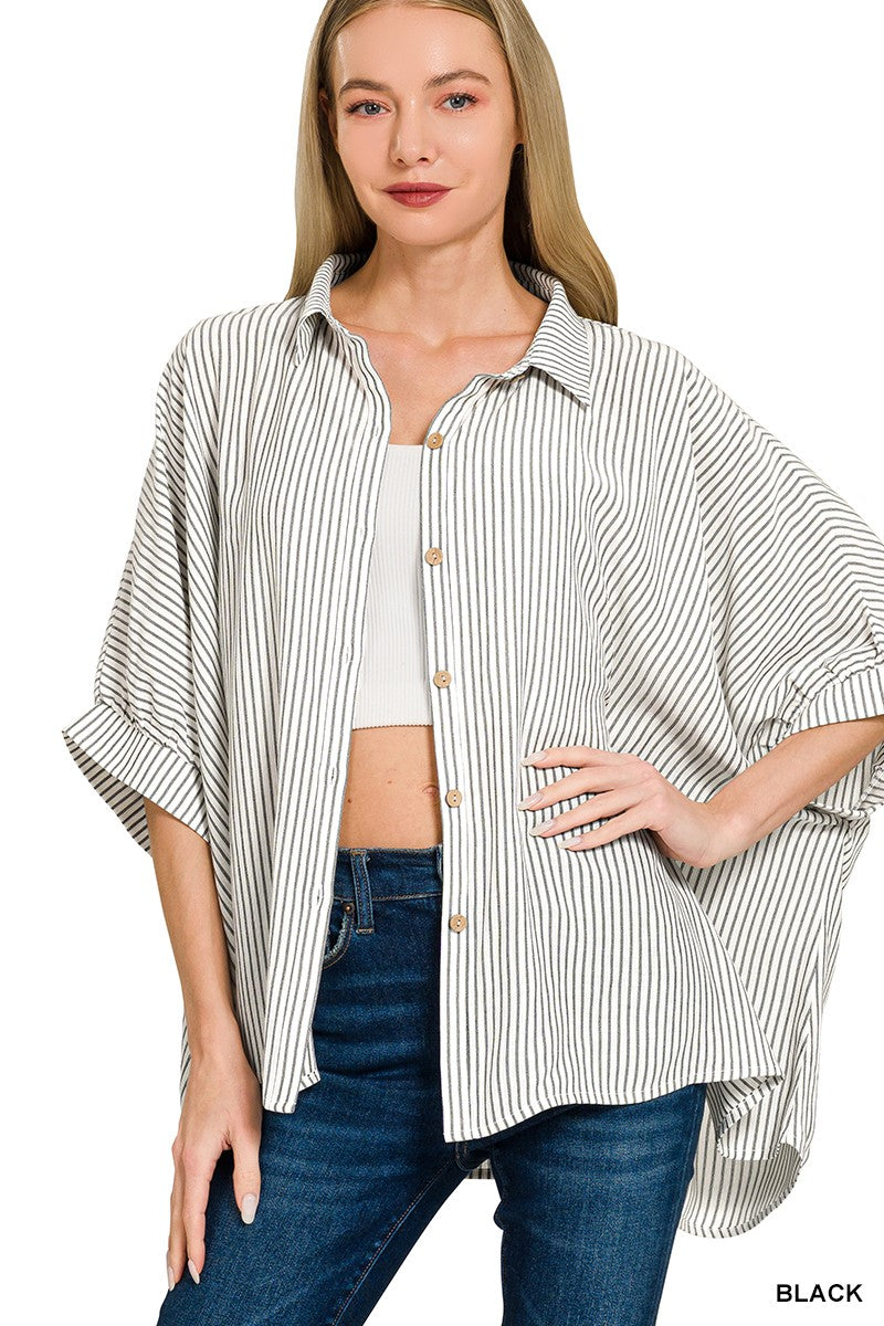 Black Zenana Full Size Woven Stripe Button Down Boxy Shirt Plus Size