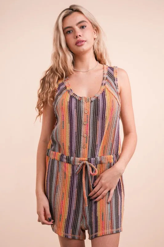 Brick Mix Very J Crochet Multi Color Striped Casual Summer Romper