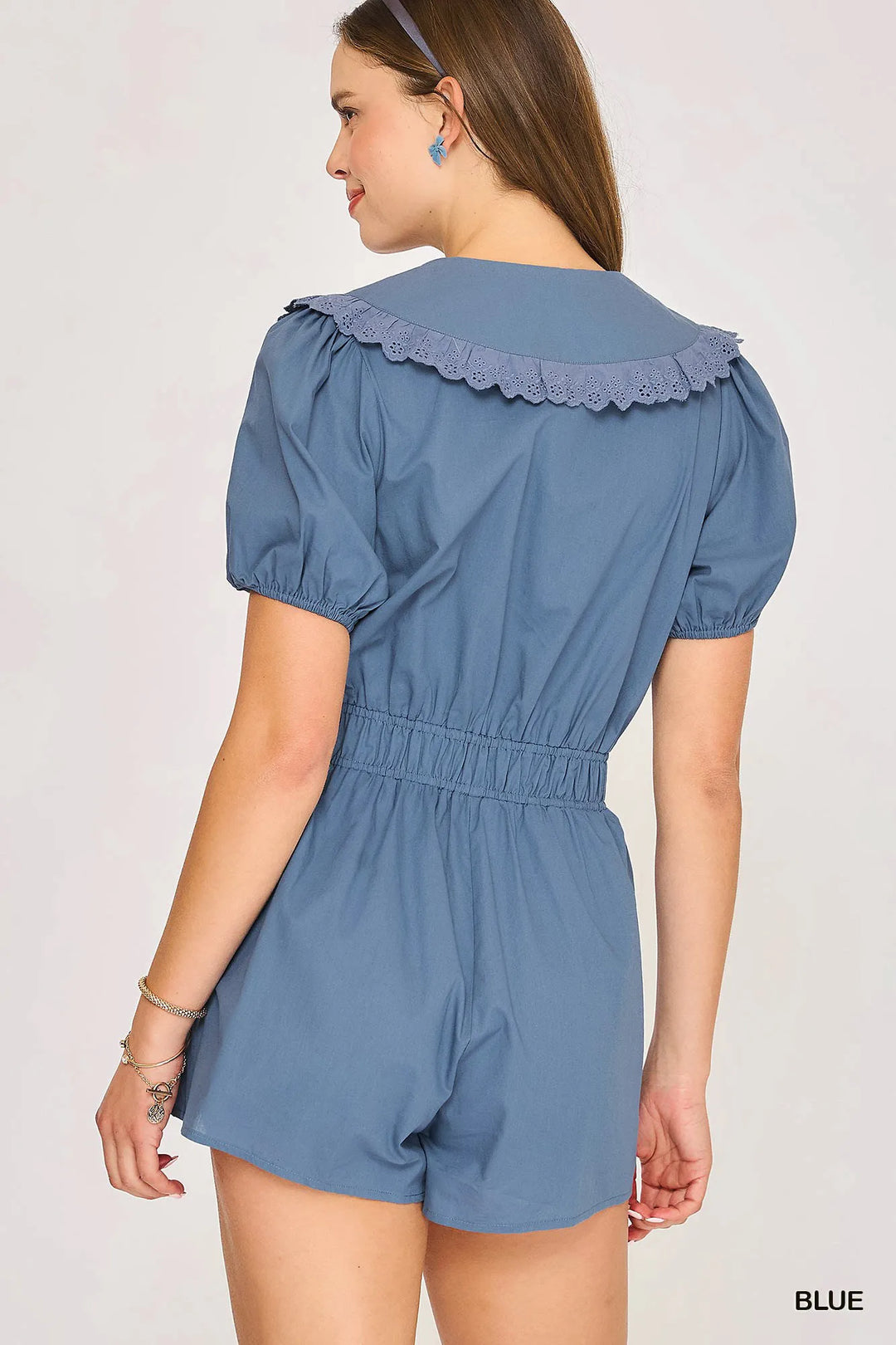 Blue Umgee Collared Short Sleeve Button Down Romper