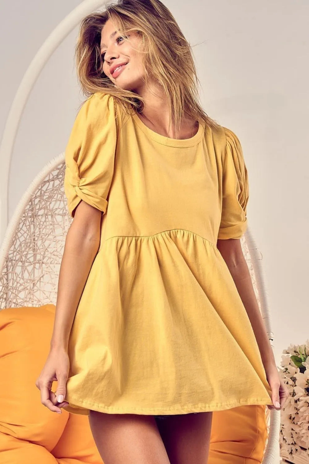 Banana Bibi Cotton Span Knit With Puff Sleeve Baby Doll Top