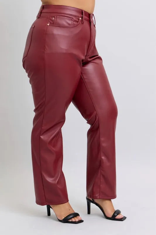 Red Judy Blue Full Size High Waist Tummy Control Faux Leather Straight Pants Plus Size