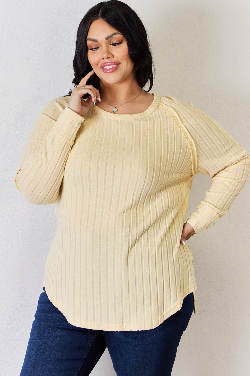 Light Gray Basic Bae Full Size Ribbed Round Neck Slit T Shirt